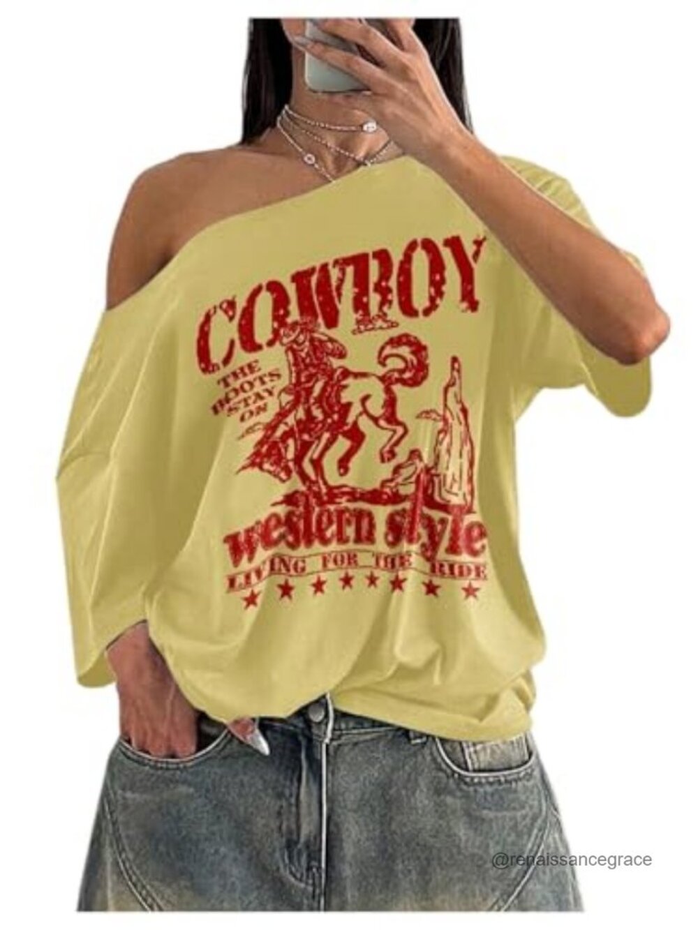 Off Shoulder Graphic Tee Oversized Short Sleeve Women's Casual Top
